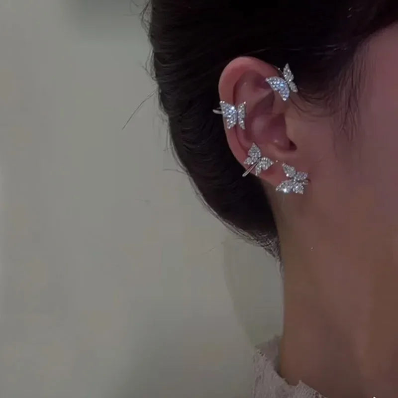 Silver Plated Metal Butterfly Ear Clips Without Piercing For Women Sparkling Zircon Ear Cuff Clip Earrings Wedding Jewelry - You Offer