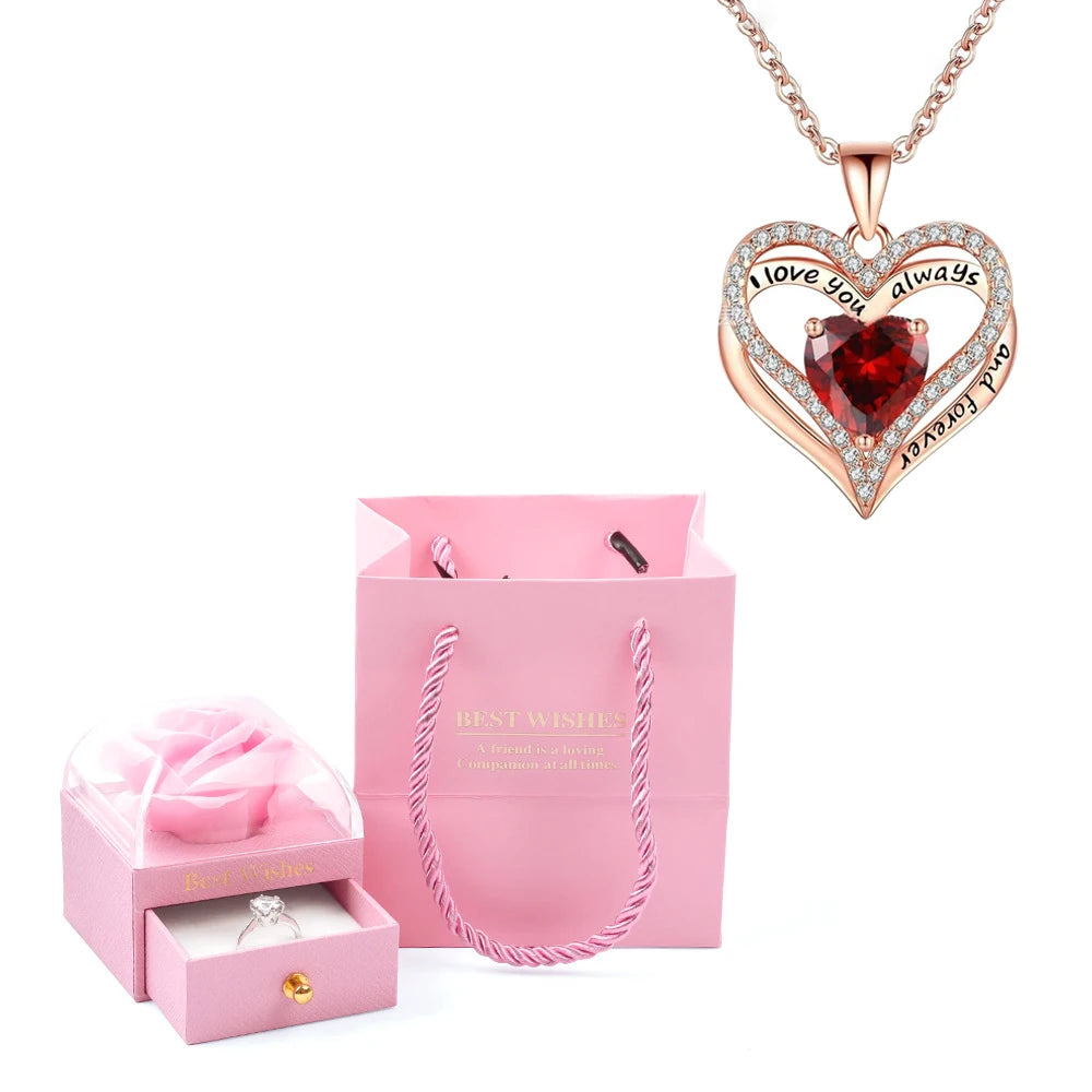 Heart Pendant Necklaces For Women With Rose Flower Gift Box Girlfriend Mother Family Birthday Fashion Romantic Surprise Gifts - You Offer