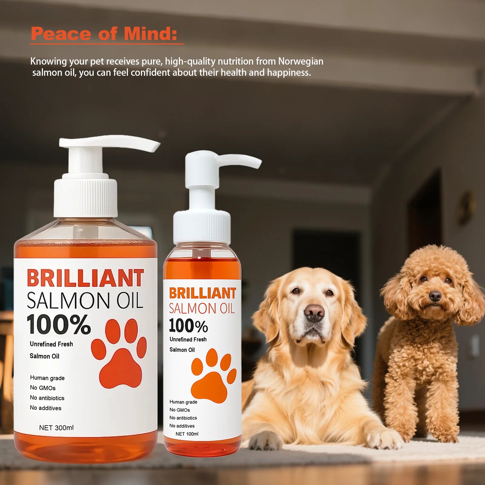 300ml/10.15 fl oz, 100ml/3.38 fl oz Human Grade Salmon Oil for Dogs&Cats – Omega Fatty Acids Supplement for Optimal Health & Nut