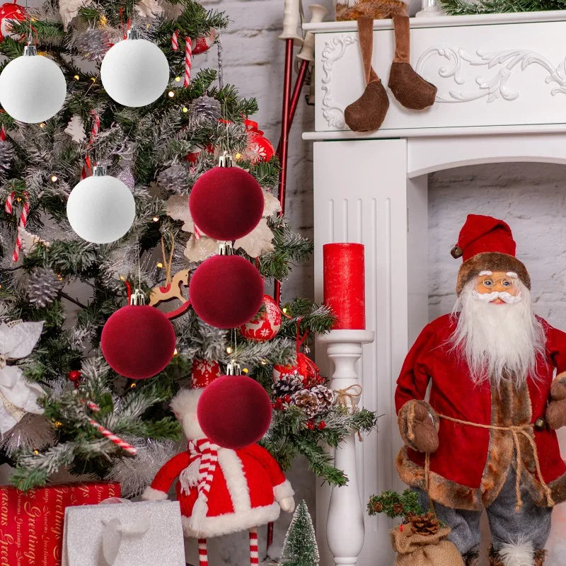 White Flocked Christmas Balls Xmas Tree Hanging Pendents Velvet Ball Ornaments Wedding Anniversary Party Home Decoration