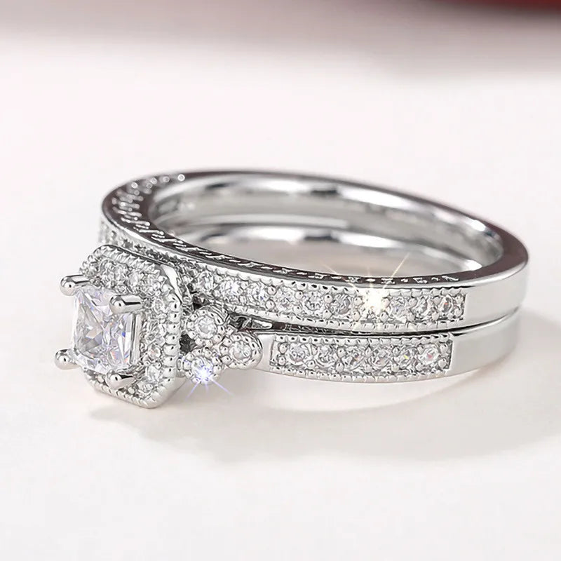 925 Sterling Silver Set Rings for Women 2Pcs Luxury Cubic Zircon Wedding Accessories Temperament Elegant Female Jewelry - You Offer
