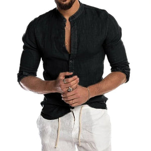 Male Casual Cotton Linen Shirts Long Sleeve Stand Collar Shirts Man Solid Social Shirt Blouses Formal Soccer Top Men Clothing