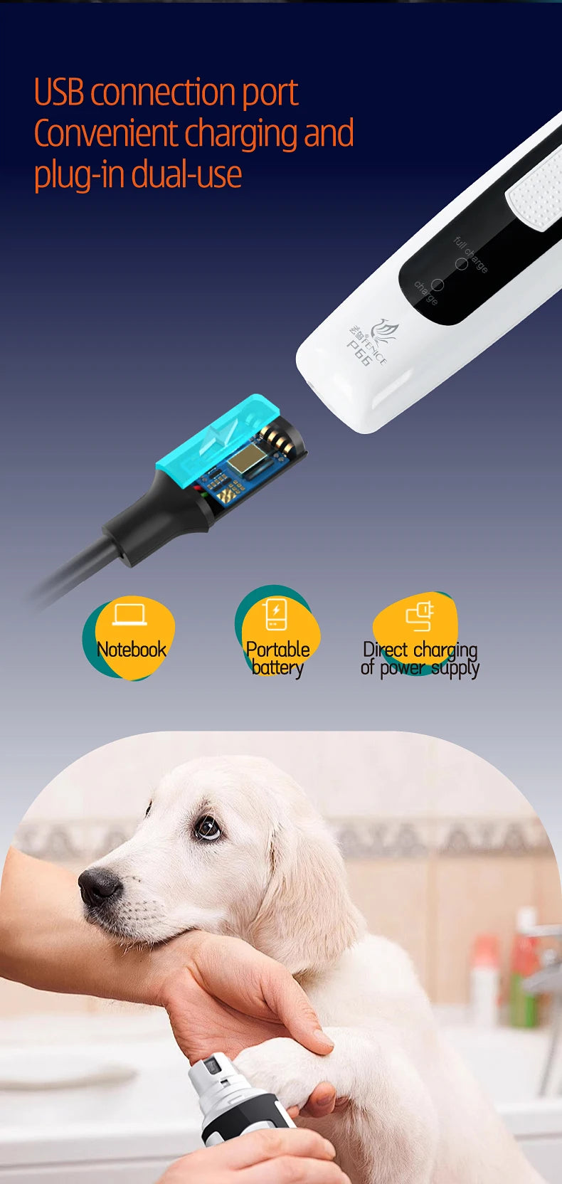 Fenice P66 USB Charging Electric Nail Grinder Rechargeable Quiet Pet Nail Clippers with Free Grinding Wheel for Dogs/Cats/Pets