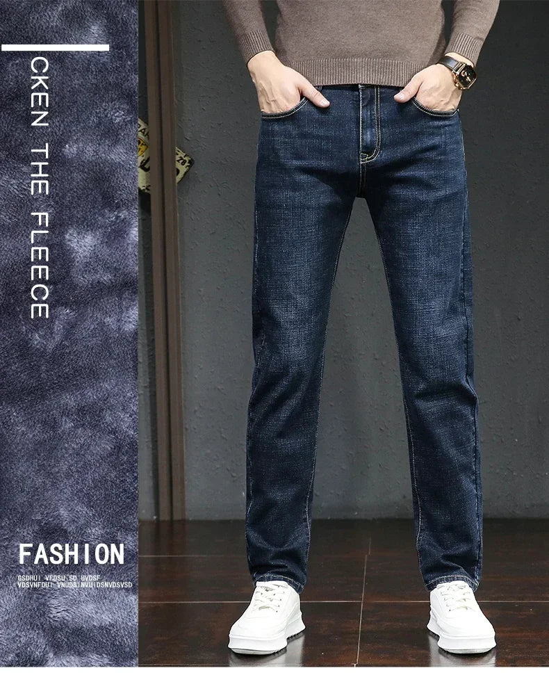 Winter Thickened Warm Male Plush Trousers Brand Clothes Men's Fleece Jeans Straight Slim Stretch Fashion Business Denim Pants - You Offer