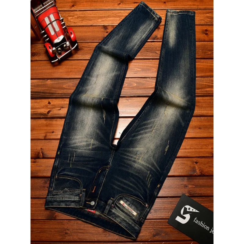 Heavy duty denim washed retro jeans for men 2025 new slim fit small foot elastic trendy brand casual Korean version pants - You Offer