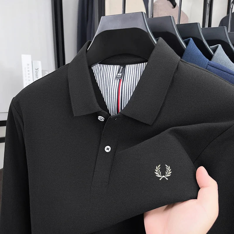 100% pure cotton autumn and winter highend men POLO shirt fashion brand embroidered wheat business casual lapel long sleeved top
