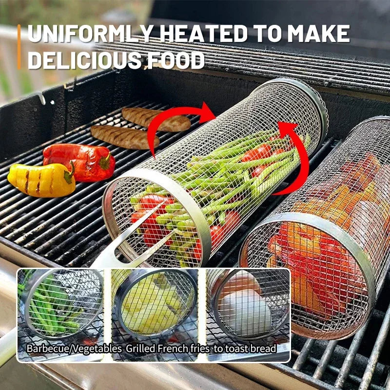 BBQ Basket Stainless Steel Rolling Grilling Basket Wire Mesh Cylinder Grill Basket Portable Round Outdoor Camping Barbecue Rack - You Offer