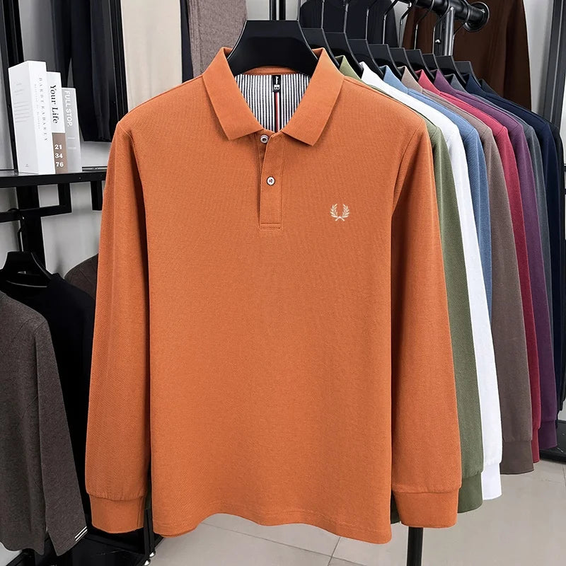 100% pure cotton autumn and winter highend men POLO shirt fashion brand embroidered wheat business casual lapel long sleeved top
