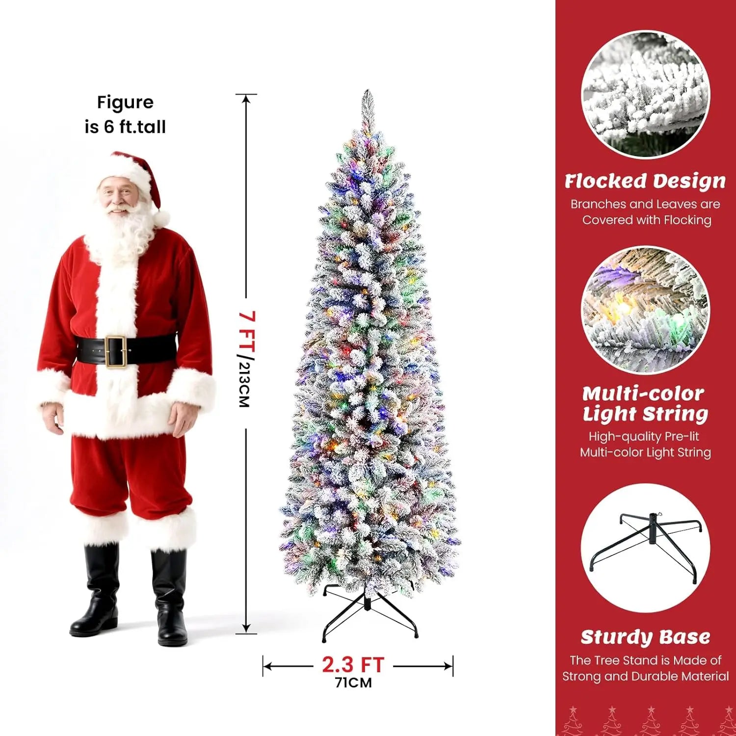 7ft Flocked Pencil Christmas Tree, Artificial Xmas Tree with Warm White & Multi-Color Lights, Remote Control
