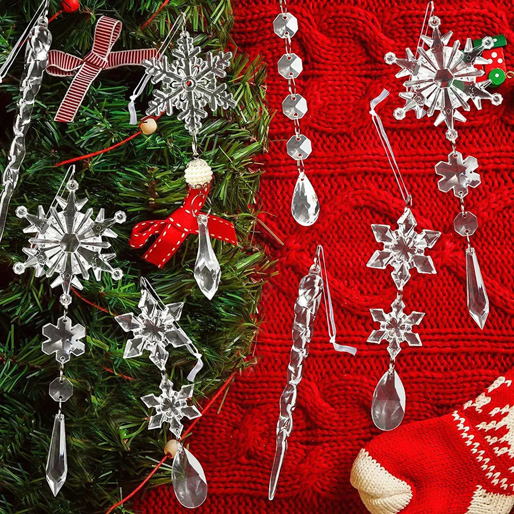 Crystal Clear Snowflake Acrylic Ice Pendants Christmas Tree Hanging Ornaments Icicle Water Drop Decoration For Xmas Party Decor