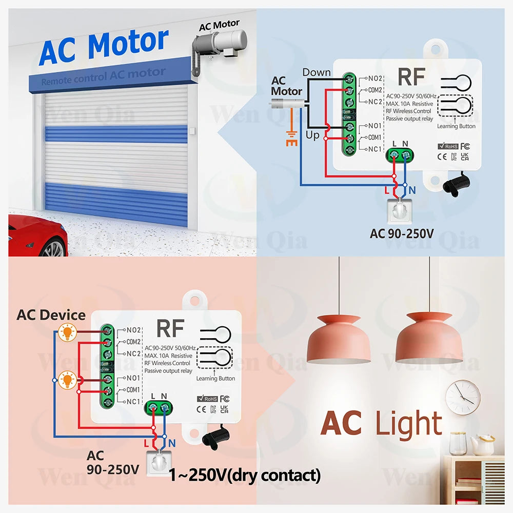 433MHz Universal Wireless Remote Control Switch 2 CH,AC 110V 220V RF Relay Receiver,for Light/Fan/Motor/Garage Door Opener etc
