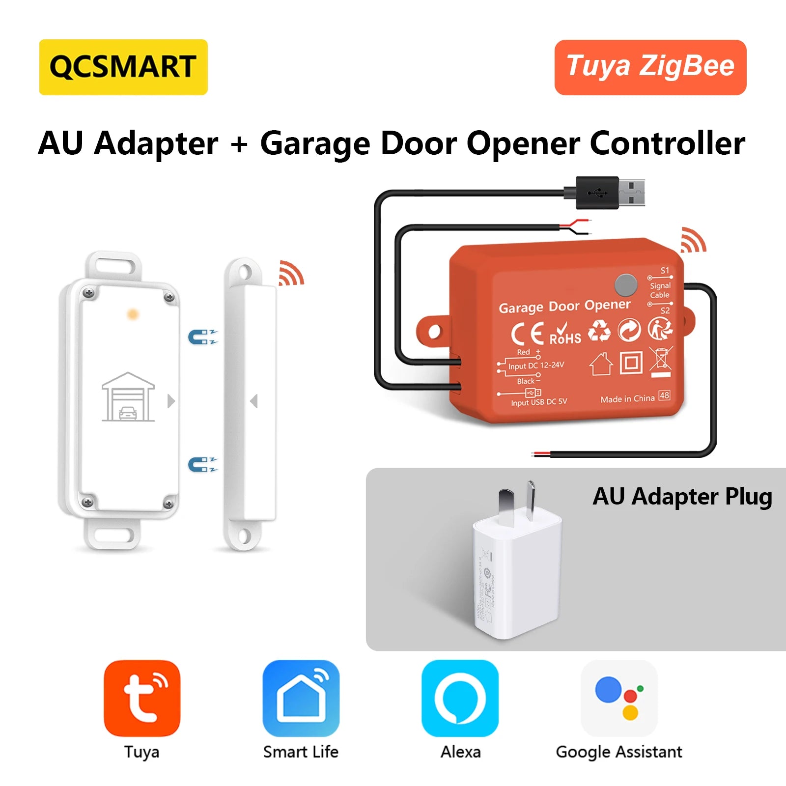 QCSMART ZigBee 3.0 Garage Door Wireless Sensor Opener Controller Tuya Smart Life App Remote Voice Control Google Assistant Alexa