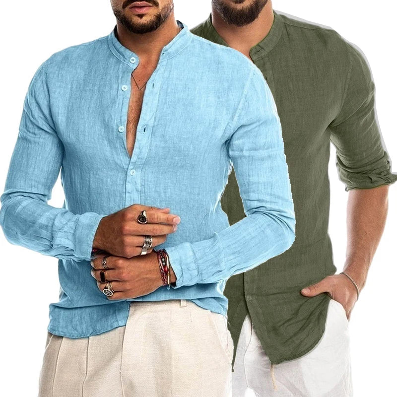 Male Casual Cotton Linen Shirts Long Sleeve Stand Collar Shirts Man Solid Social Shirt Blouses Formal Soccer Top Men Clothing
