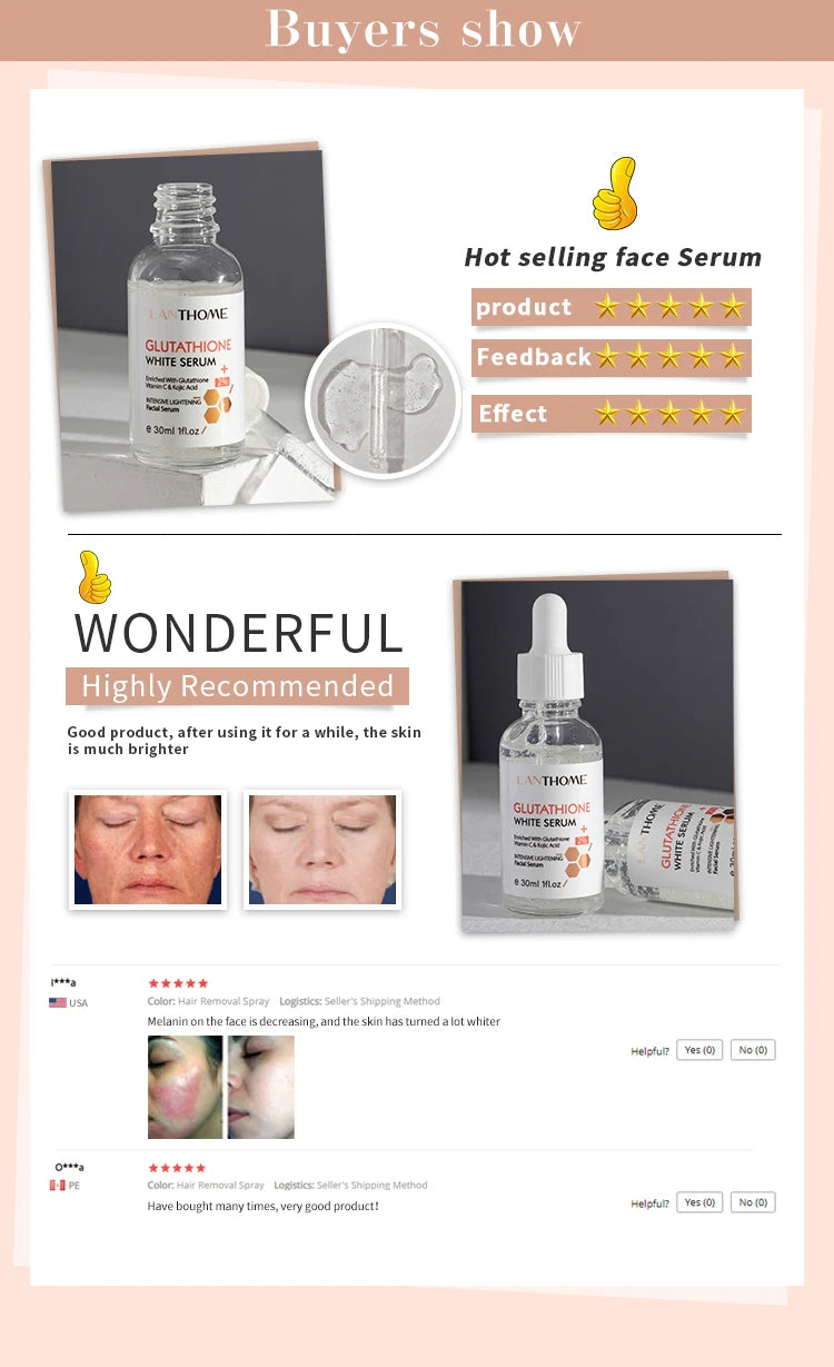 Lanthome Glutathione Whitening Serum Fade Black Dark Spots Vitamin C Defects Reduce Facial Oil Brightening Firming For Women