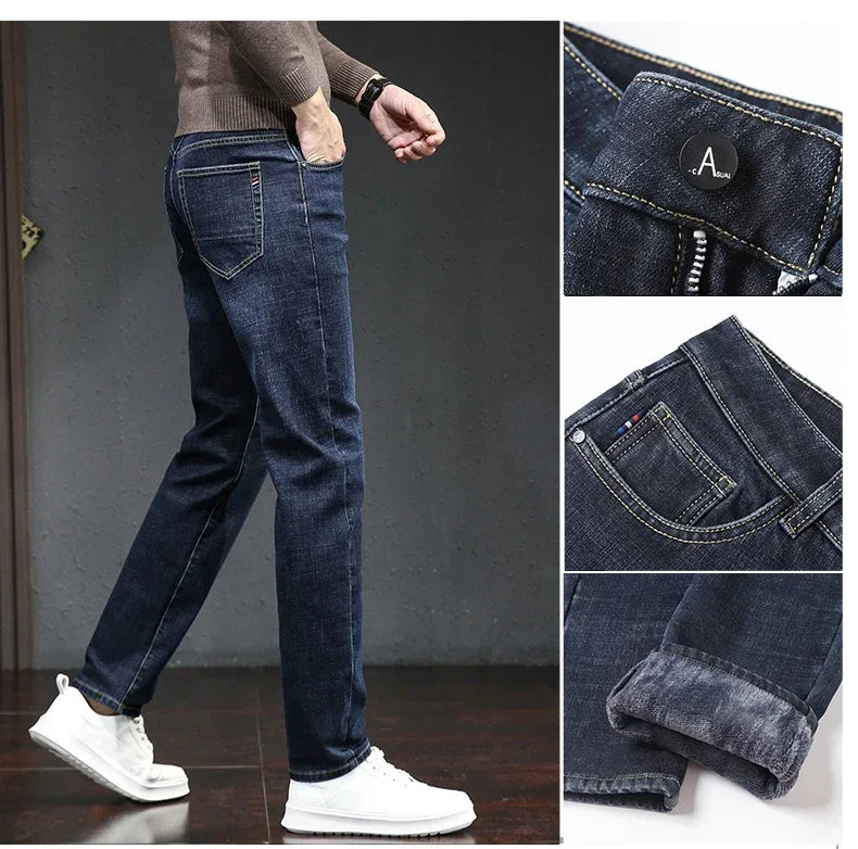 Winter Thickened Warm Male Plush Trousers Brand Clothes Men's Fleece Jeans Straight Slim Stretch Fashion Business Denim Pants - You Offer