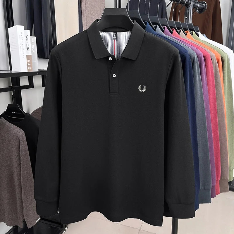 100% pure cotton autumn and winter highend men POLO shirt fashion brand embroidered wheat business casual lapel long sleeved top