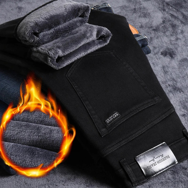 Winter Warm Jeans Men's Thickened Velvet Black Fashion Korean Trousers Plush Velvet Business Casual Straight Denim Pants - You Offer