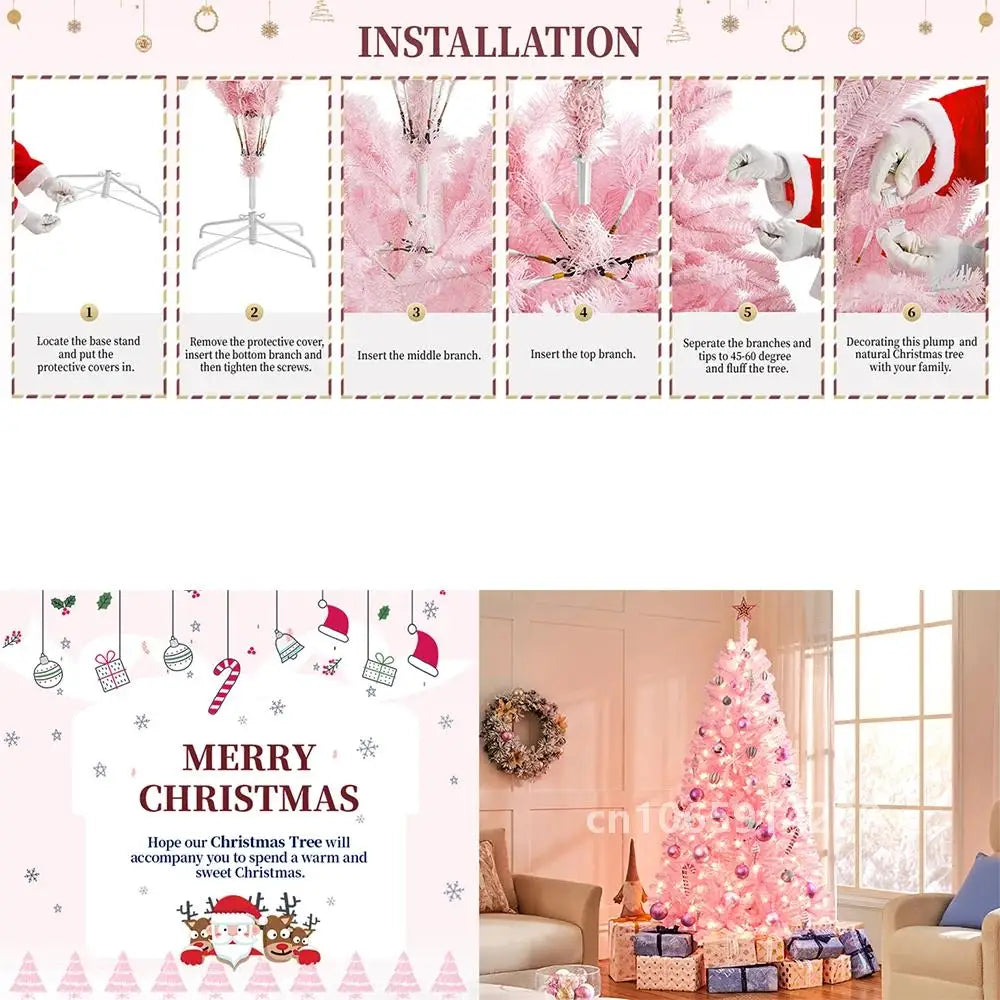 6/7ft Artificial Pink Christmas Pine Tree Holiday New Year Xmas Tree Party Decoration with Metal Tripod 818 Branch Tips Reusable