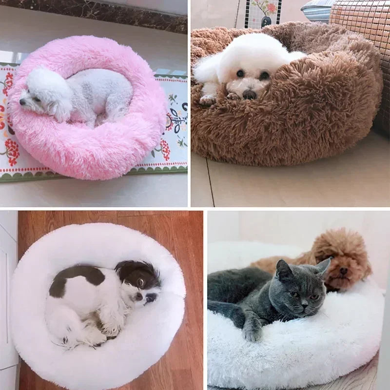 Round Plush Pet Bed - Self Warming Kennel, Machine Washable Mat with Non-Slip Bottom, Soft Cushion House Bed for Cats Dogs