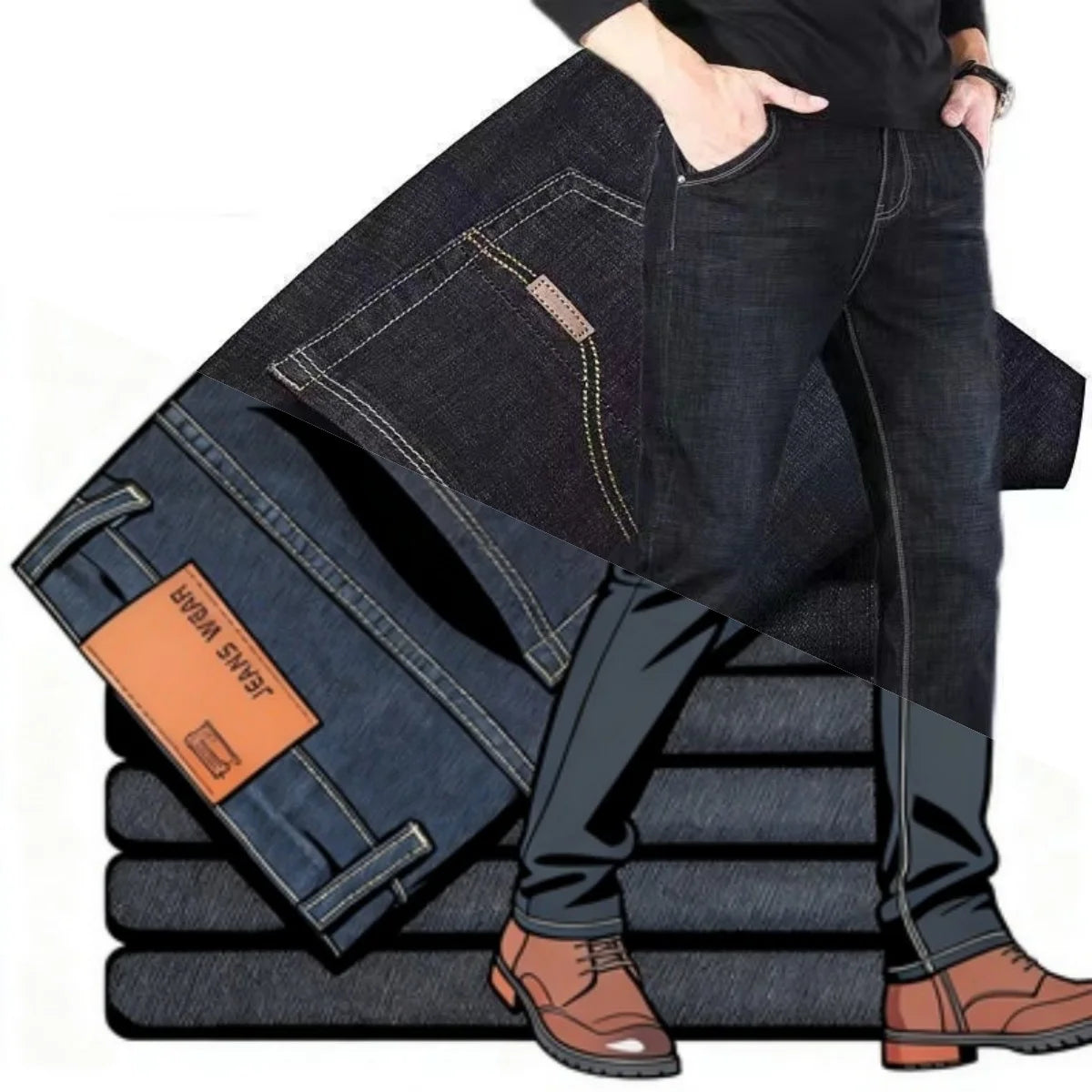 Men's Comfortable Soft Business Casual Denim Trousers Slim Fit Straight Pants Fashion Male Brand Light Luxury Stretch Clothing - You Offer