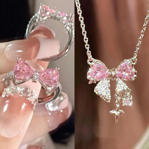 Fashion Fairy Pink Crystal Bow Knot Pendant Necklaces Y2K Girls Sweet Rhinestone Heart Clavicle Chain Women Jewelry Gifts - You Offer
