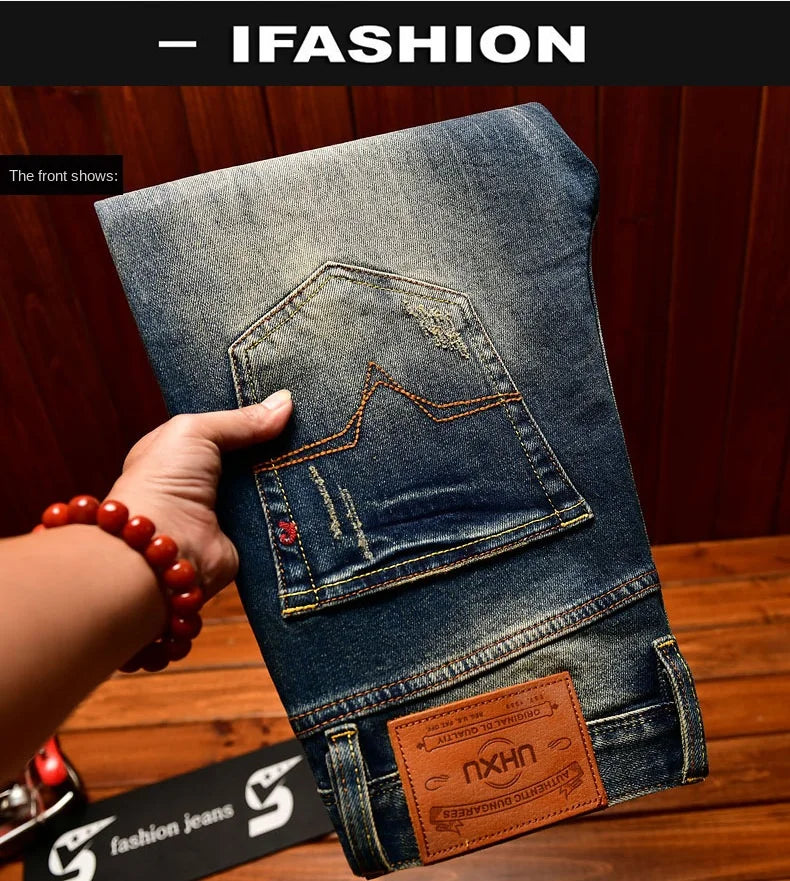 Heavy duty denim washed retro jeans for men 2025 new slim fit small foot elastic trendy brand casual Korean version pants - You Offer