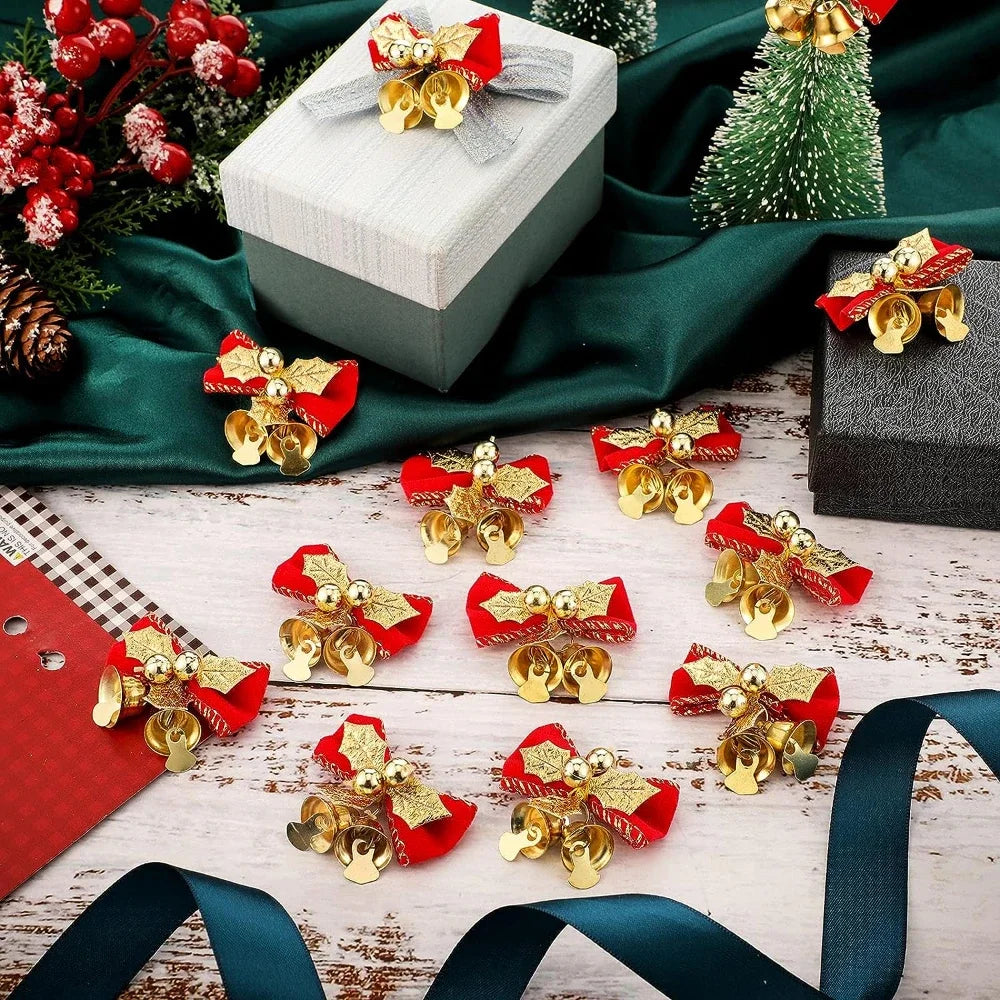 Christmas Mini Bowknot Jingle Bell Xmas Trees Hanging Pendant Small Bow with Bell Ornament DIY Party Gifts New Year Decorations