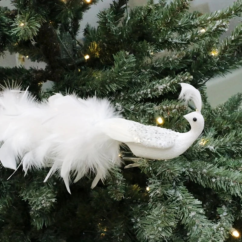 1pc White Peacock Christmas Tree Ornaments, with Feather Tail and Faux Design Clips Included - Perfect for Holiday Decorations