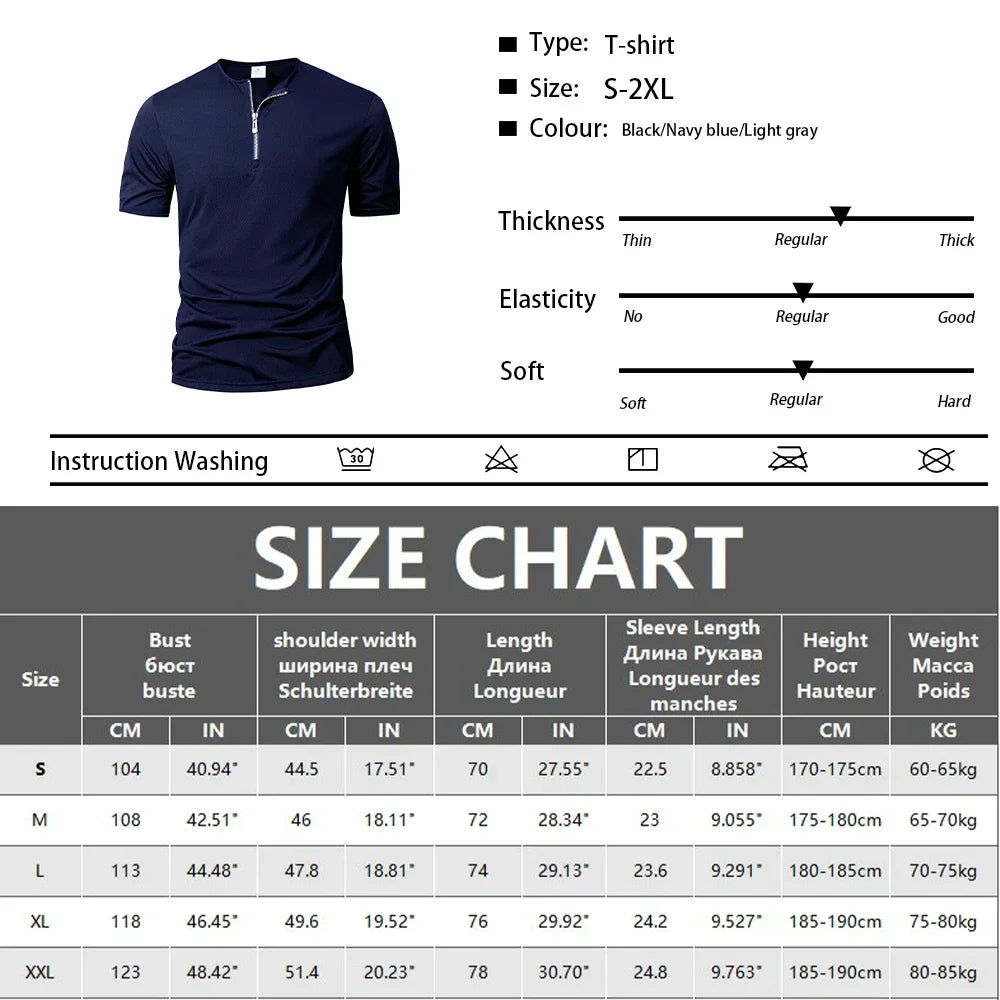 Summer Men's Solid Color T-shirt Short Sleeve Zipper Collar T Shirt Relaxed Breathable Casual Street Wear New Men's Top