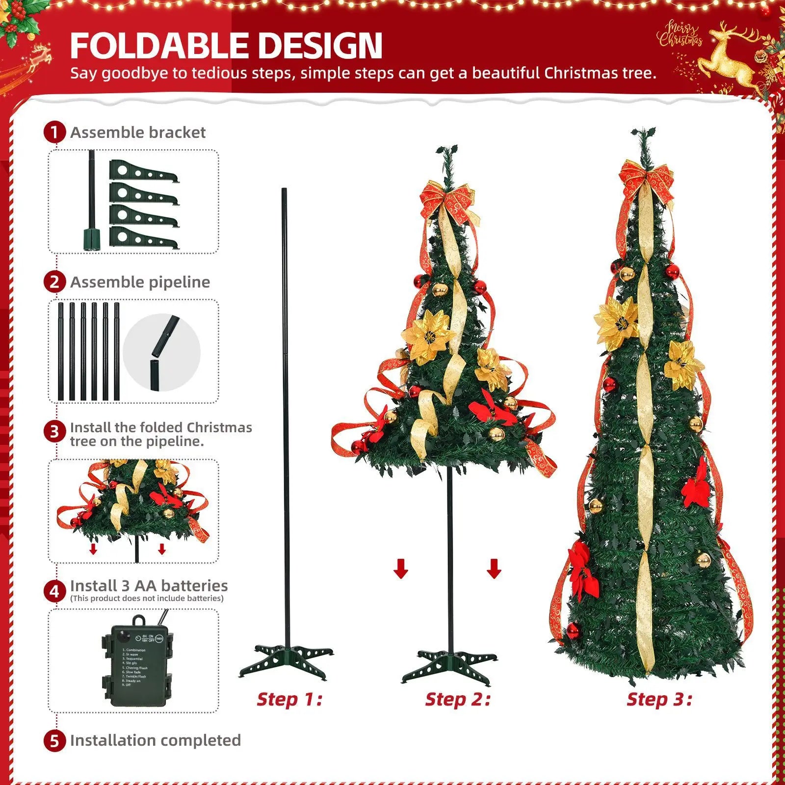 New Retractable Christmas Tree with Red and Yellow Flower Decorations, LED Light Frame, Foldable Holiday Ornament