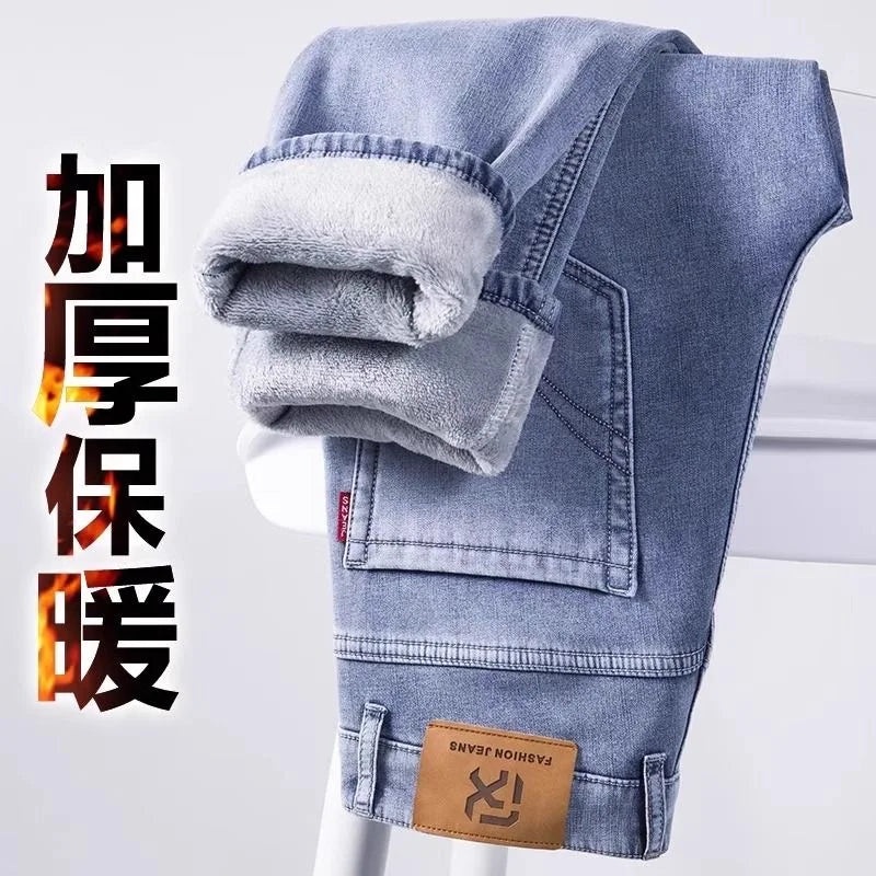 New Autumn and Winter Fashion Trend With Thick Fleece and Warm Straight Leg Blue Jeans For Men's Casual Sports High-end Jeans - You Offer