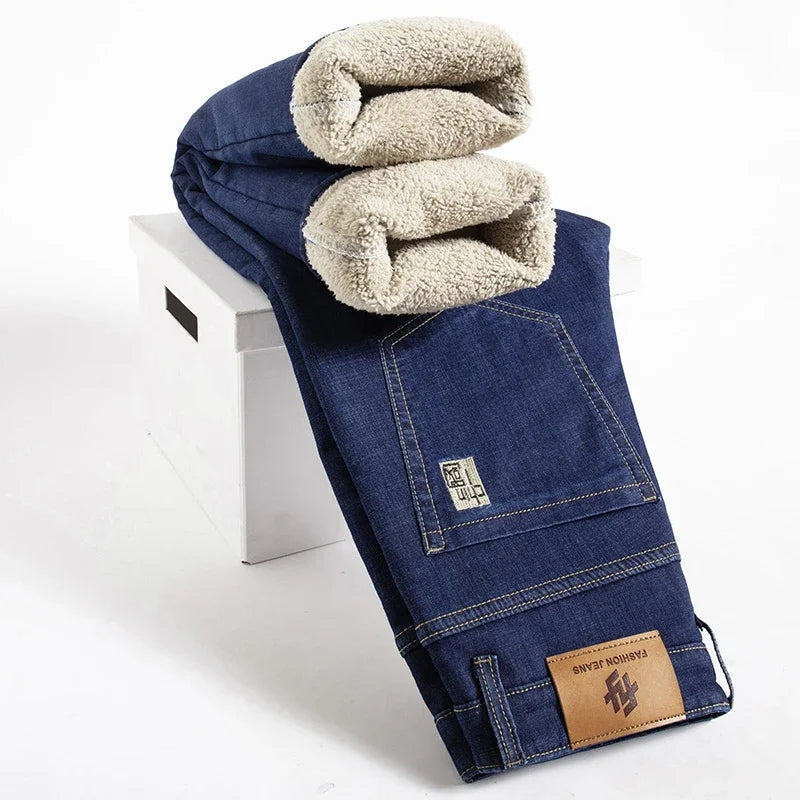 Winter Lamb Fluff Denim Straight Pants Men Thicken Big Size 40 Jeans High Waist Stretch Jeansy Fleece Lined Warm Slim Vaqueros - You Offer