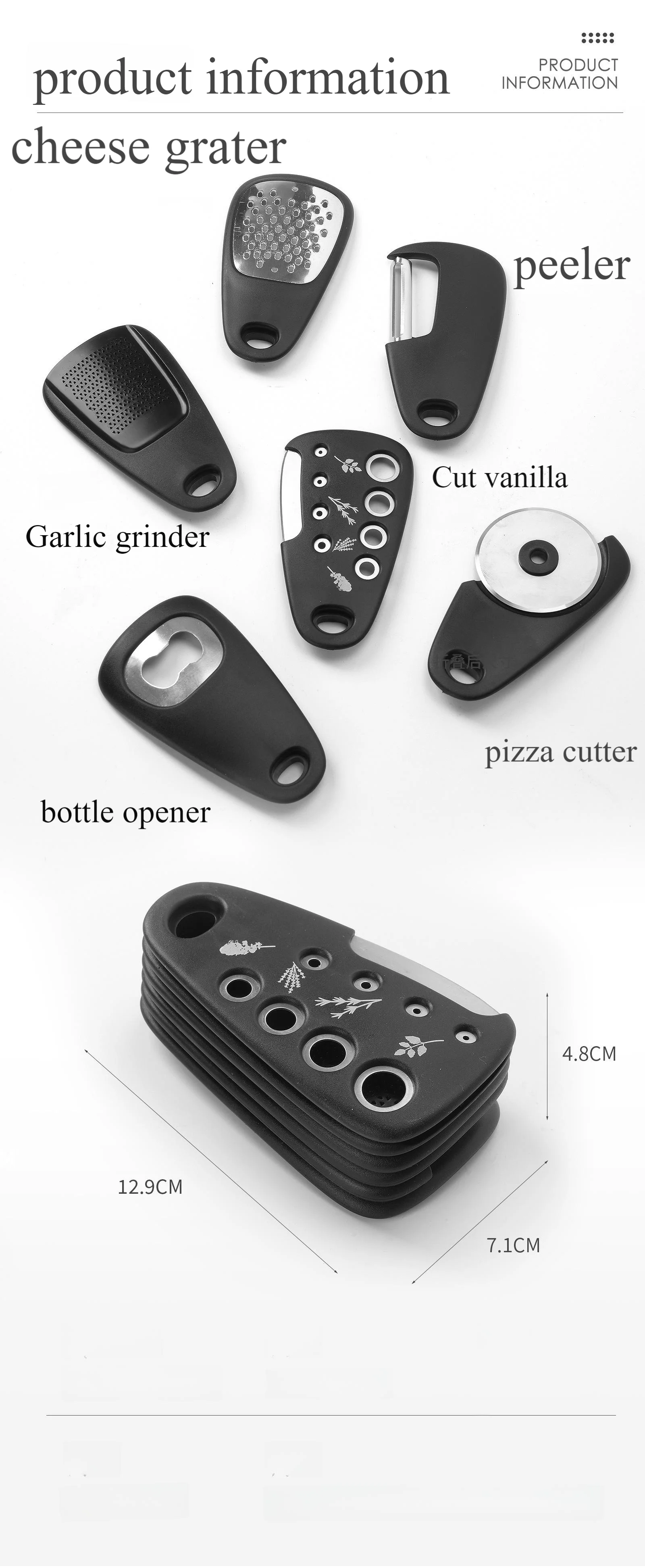 6 - in - 1 Stackable Kitchen Gadget Set | Peeler, Cheese Grater, Garlic Grinder, Bottle Opener, Pizza Cutter, Herb Cutter