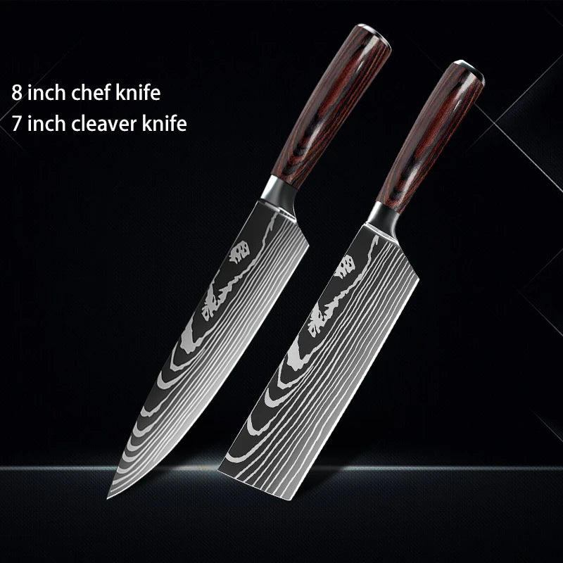 Chef knife 1-10Pcs Set Laser Damascus Pattern Kitchen Knives Sharp Japanese Santoku Slicing Utility Knife Cleaver Boning Knives - You Offer