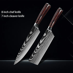Chef knife 1-10Pcs Set Laser Damascus Pattern Kitchen Knives Sharp Japanese Santoku Slicing Utility Knife Cleaver Boning Knives - You Offer