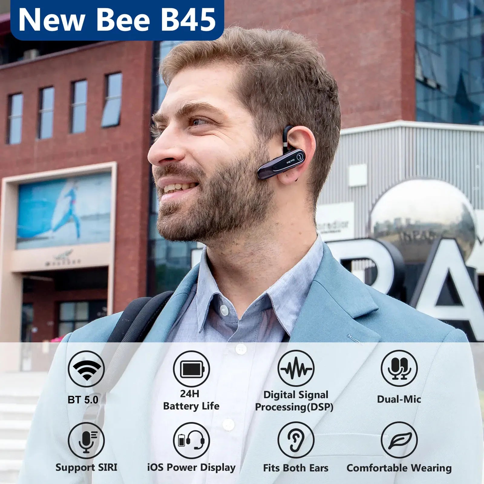 LC-B45 Bluetooth 5.0 Headset Single In-Ear Wireless Earphone Hands-Free with Mic CVC8.0 Noise Cancelling Talk For Driving
