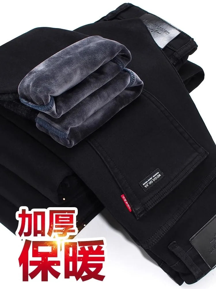 New Autumn and Winter Fashion Trend With Thick Fleece and Warm Straight Leg Blue Jeans For Men's Casual Sports High-end Jeans - You Offer