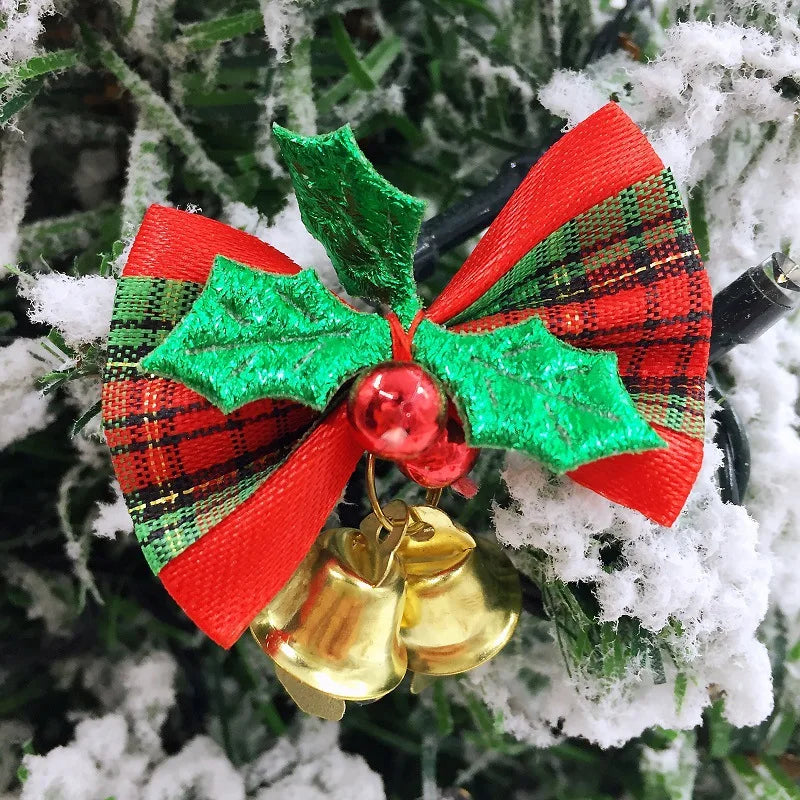 Christmas Mini Bowknot Jingle Bell Xmas Trees Hanging Pendant Small Bow with Bell Ornament DIY Party Gifts New Year Decorations