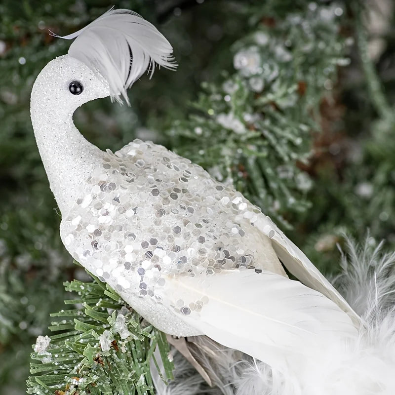 1pc White Peacock Christmas Tree Ornaments, with Feather Tail and Faux Design Clips Included - Perfect for Holiday Decorations