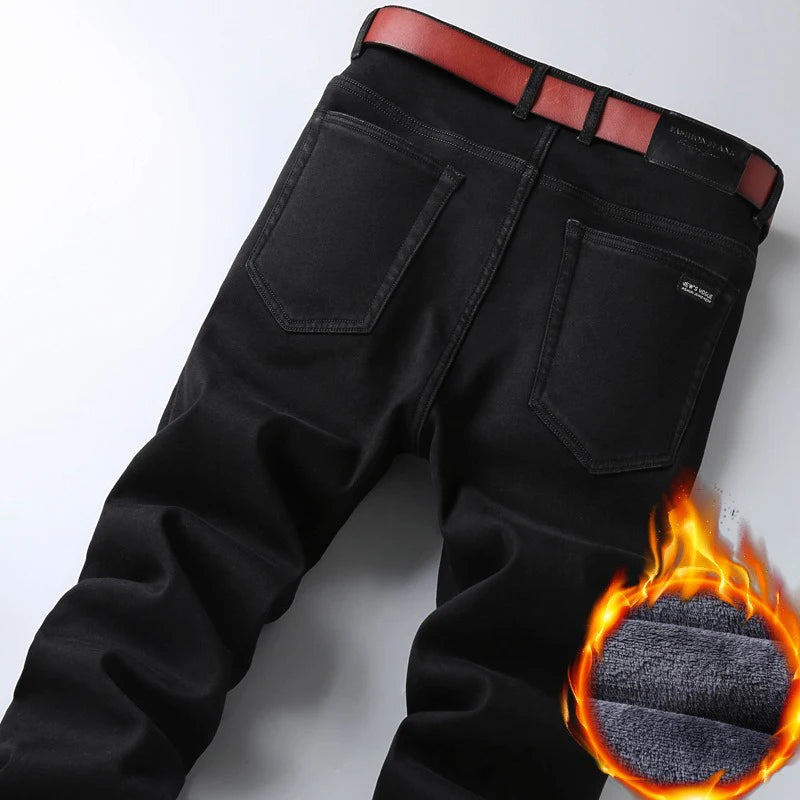 Winter Warm Jeans Men's Thickened Velvet Black Fashion Korean Trousers Plush Velvet Business Casual Straight Denim Pants - You Offer