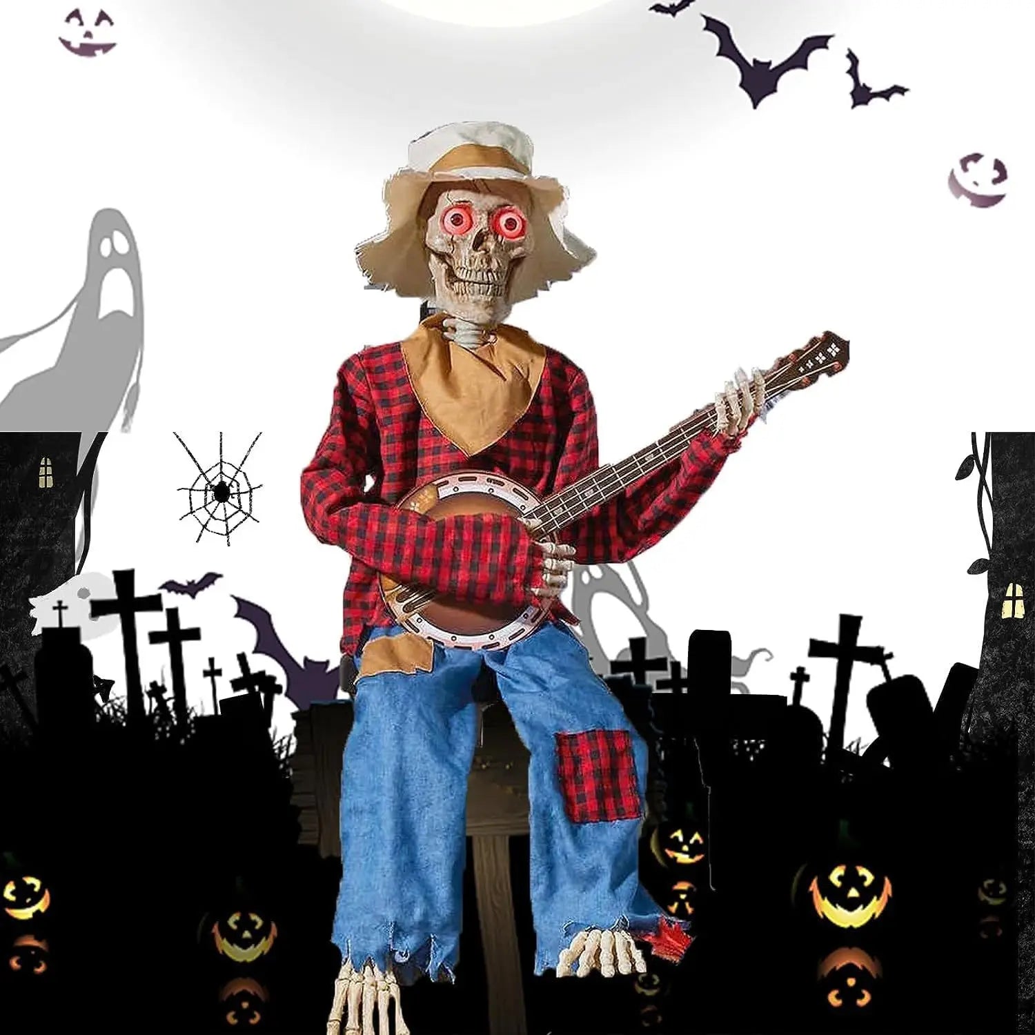 Halloween Banjo Scarecrow Playing Skeletons Animatronics Banjo Skeletons Decoration for Halloween Indoor Outdoor Yard Lawn Party
