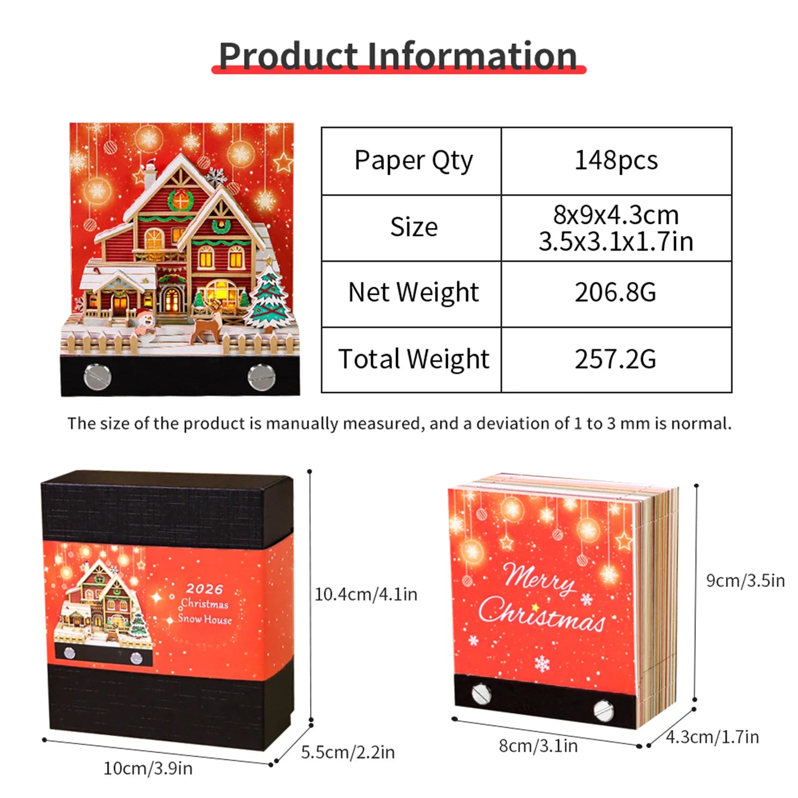 Desk Time Piece Calendar 2026 Desk Calendar With Light 3D Tear-away Calendar Paper Carving Art Memo Pad Notepad Christmas