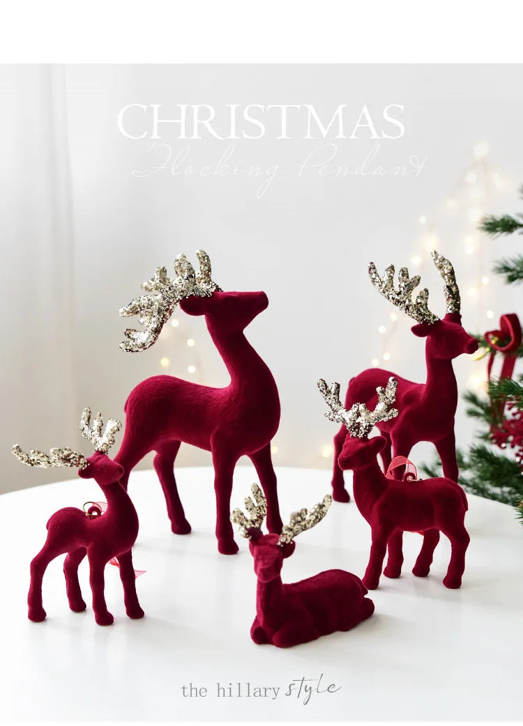 New Christmas elk glitter burgundy flocked deer ornament, Christmas tree pendant, Christmas home decoration handicraft