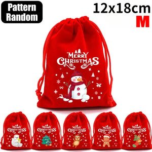Christmas Drawstring Bags Velvet Cartoon Santa Claus Snowman Candy Snakcs Gifts Bags for Xmas Tree Party Home Packaging Pouches