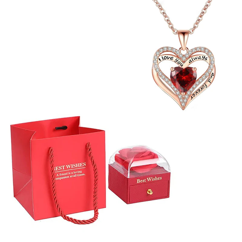 Heart Pendant Necklaces For Women With Rose Flower Gift Box Girlfriend Mother Family Birthday Fashion Romantic Surprise Gifts - You Offer