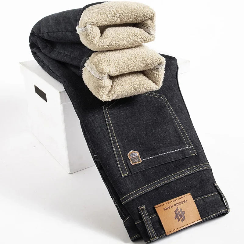 Winter Lamb Fluff Denim Straight Pants Men Thicken Big Size 40 Jeans High Waist Stretch Jeansy Fleece Lined Warm Slim Vaqueros - You Offer