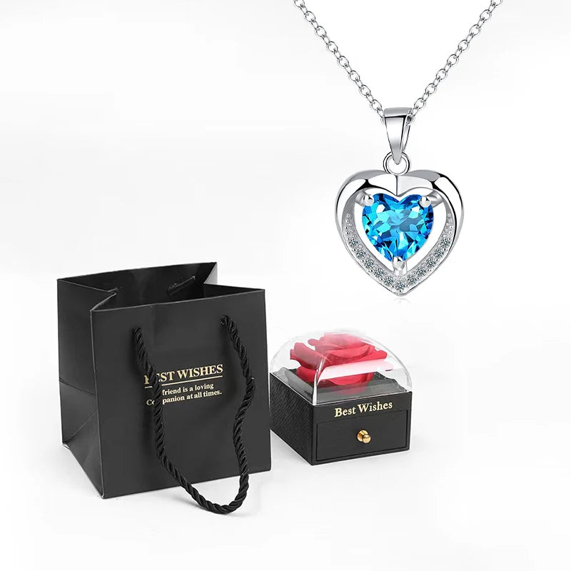 Heart Pendant Necklaces For Women With Rose Flower Gift Box Girlfriend Mother Family Birthday Fashion Romantic Surprise Gifts - You Offer