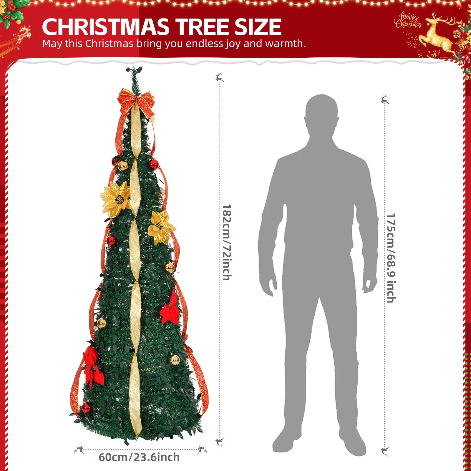 New Retractable Christmas Tree with Red and Yellow Flower Decorations, LED Light Frame, Foldable Holiday Ornament