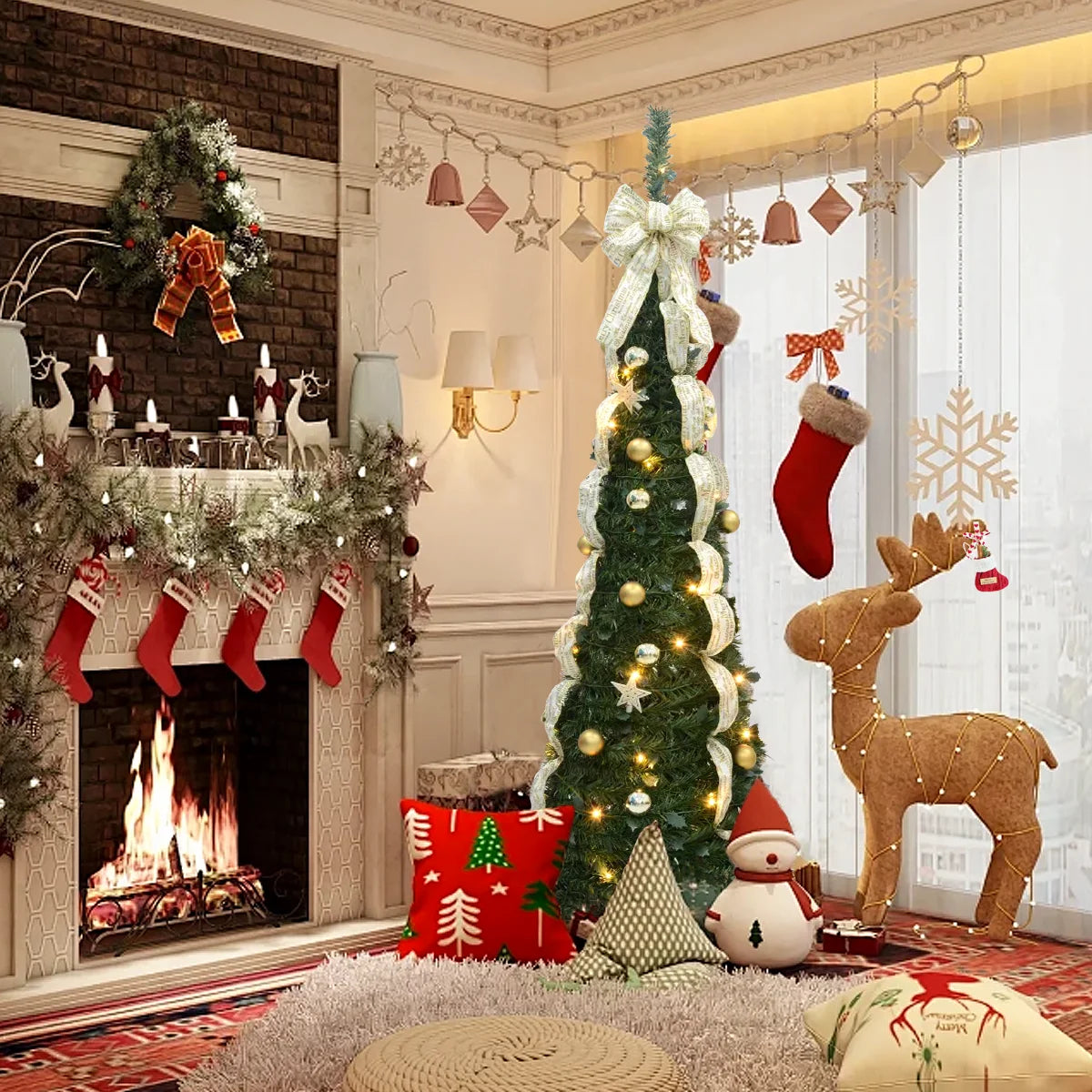 6FT/6.23FT Pre-lit Falling Snow Artificial Christmas Tree, Indoor, Holiday, DIY, Home, Room, Kitchen, Party, Christmas Decor