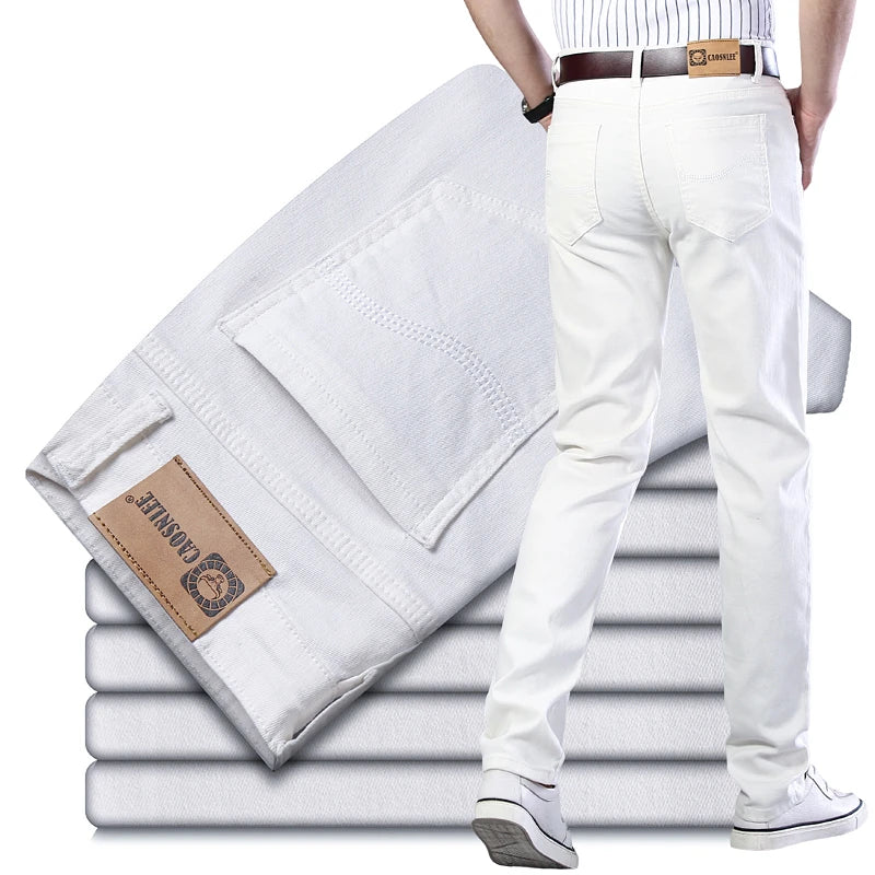Men's Jeans Pure White Fashion Elastic Slim Youth Slimming Straight Leg Male Pants Business Casual Middle Age High End Trousers - You Offer